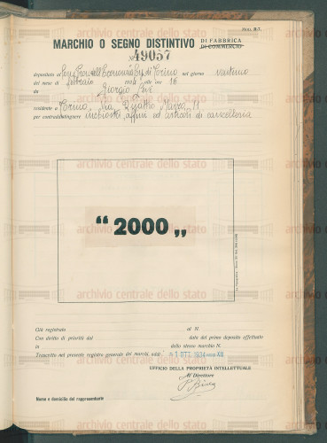 1934-02-21 Deposito marchio 2000<br />Dal solito archivio, marchio depositato da Giorgio Levi