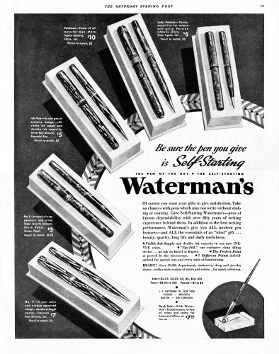 20. WATERMAN - 1935.12.14.  No. 7, No. 3, Ink-vue Silver ray, Patrician, Lady Patricia SET, Desk set. The Saturday Evening Post, p.99.jpg