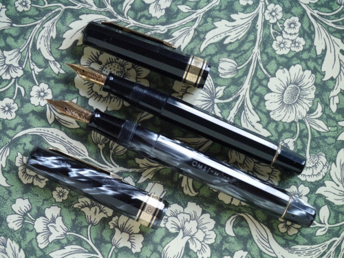 P1170332-3 Omas Extra (555F) black resin and Omas Milord grey celluloid.jpg