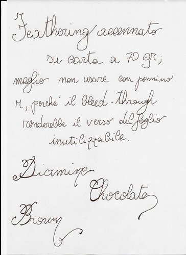 Diamine Chocolate Brown 2.jpg (620.97 KiB) Visto 5229 volte Prova di scrittura su carta da fotocopie riciclata, leggermente grigiastra, 70 gr.