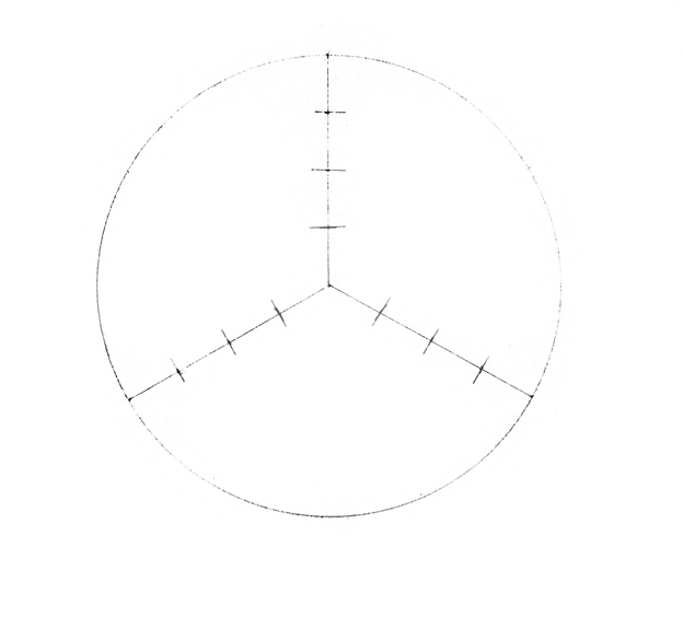 Disegnato un cerchio del diametro di 12 cm ne ho tracciati gli assi in modo da formare tre angoli di 120° poi ho suddiviso ogni asse in quattro parti da 1,5 cm ciascuno
