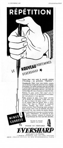 EVERSHARP - Repeating pencil. 1937-12-11. L'Illustration - Anno 95, n.4945, pag.XV.jpg (1.31 MiB) Visto 3839 volte EVERSHARP - Repeating pencil. 1937-12-11. L'Illustration - Anno 95, n. 4945, pag. XV