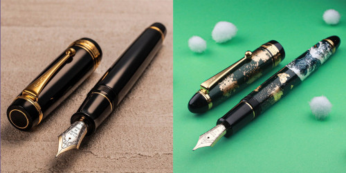 Pilot Urushi.jpg (1.92 MiB) Visto 2554 volte Le due contendenti: a sinistra la Custom Urushi, a destra la Custom 743 con lacca Urushi "Cyan", nuvolette in povere d'oro e disegno della Grande Onda annegato nella lacca