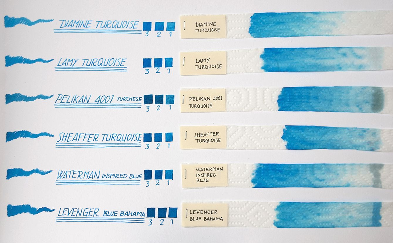 inchiostri turchesi su cartoncino Fabriano FA4 200 gr.mq ruvido - comparazione colori e cromatografie.jpg