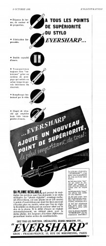 EVERSHARP -  Adjustable nib (Doric II). 1938-10-08. L'Illustration. Anno 96, n. 4988, pag. XXVII