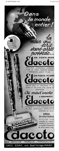 EDACOTO - Stilografica a leva e portamine - 1936-09-26. L'Illustration. Anno 94, n.4882, pag.VII
