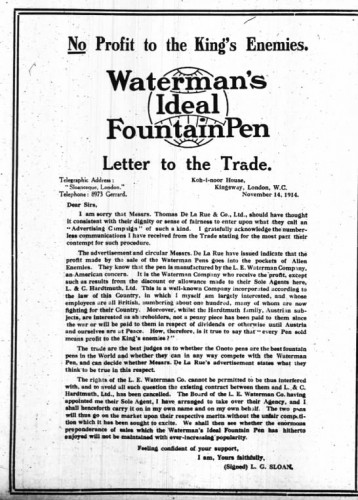 1914-11-16 - The Times - Risposta di L.G. Sloan a Thomas De La Rue Ltd.