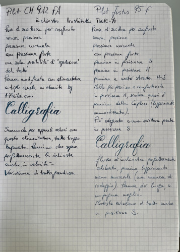 Comparativa tra Pilot Custom Heritage 912 con pennino Falcon e Pilot Justus 95 pennino Fine. Carta di quaderno Favorit con quadretto da 5mm. Entrambe le penne inchiostrate via cartuccia con Pilot Iroshizuku Tsuki-Yo.