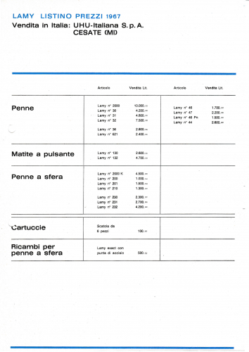 Listino prezzi valido per il 1967